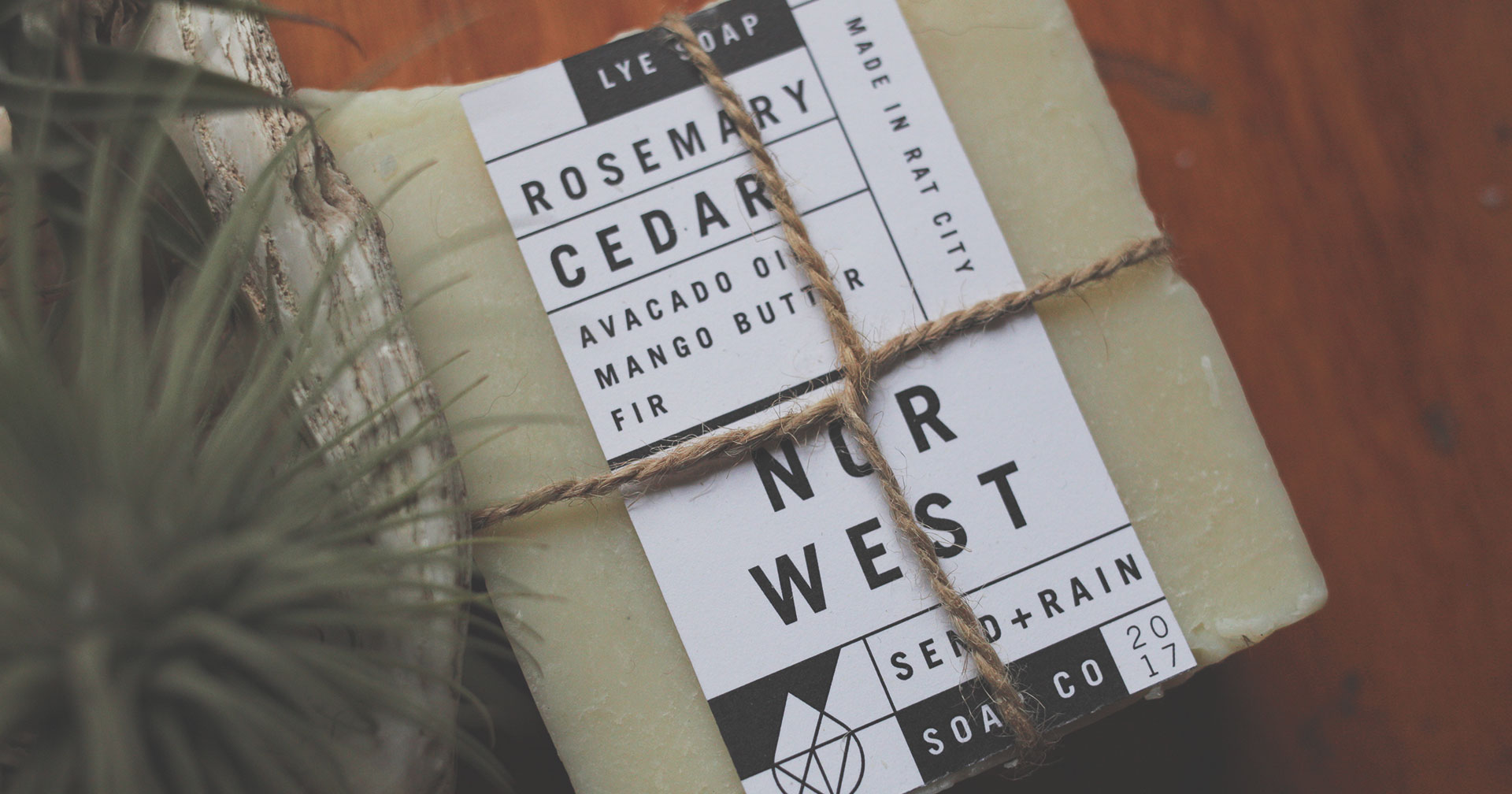 Send Rain soap company label mockup closeup