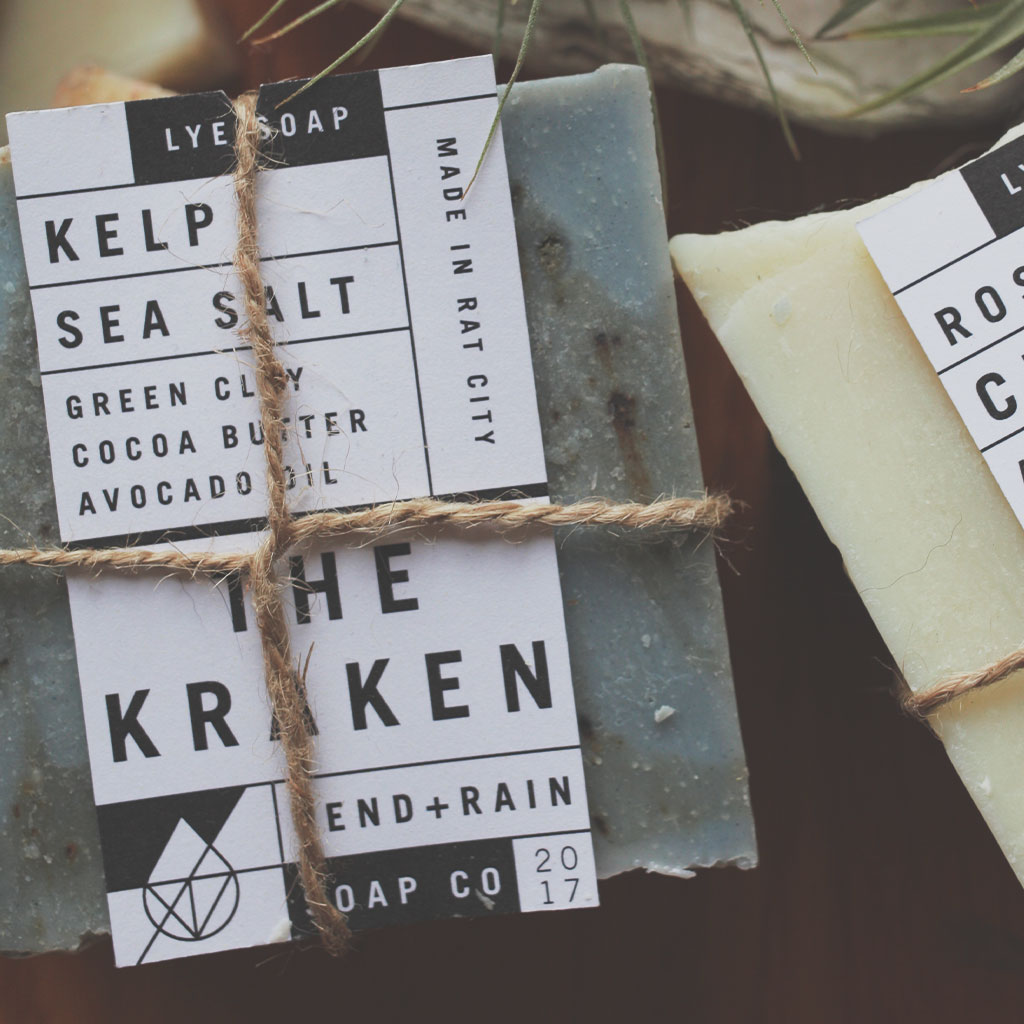 Send Rain soap company label mockup closeup